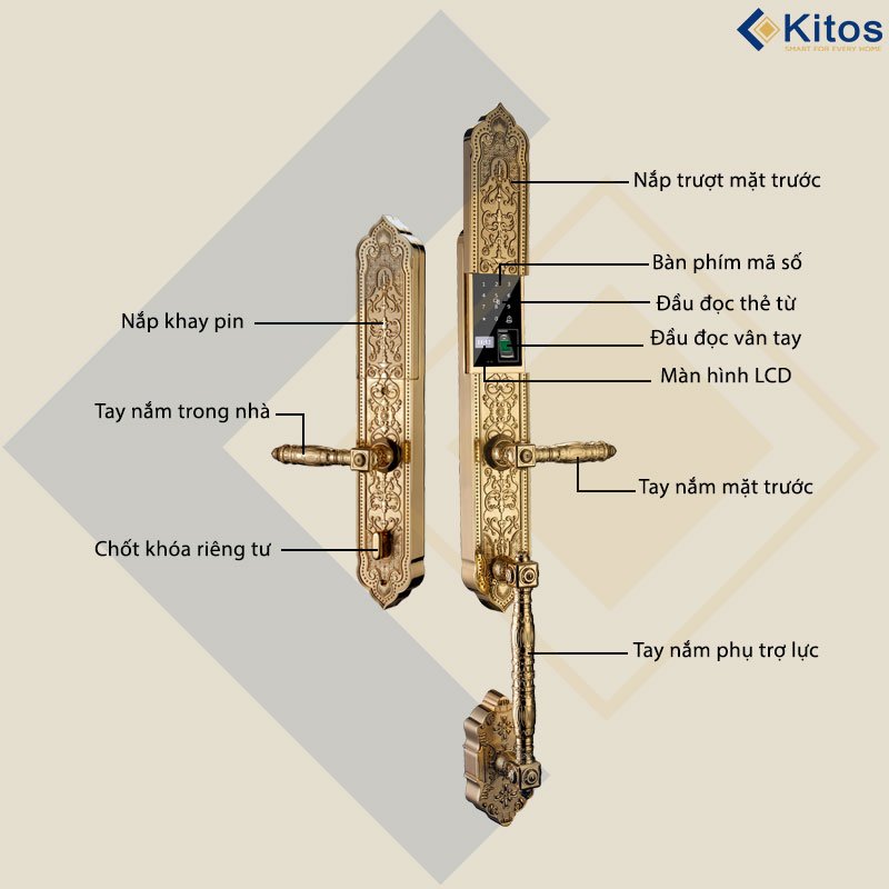 Khoá cửa thông minh Kitos C900 Tân Cổ Điển Mạ Vàng 24k 9 Khoá cửa thông minh Kitos C900 Tân Cổ Điển Mạ Vàng 24k - Ảnh 8